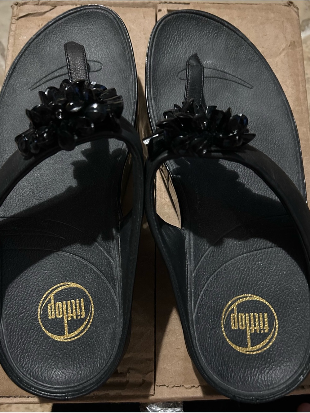 Fitflop Black Jeweled Thong Sandals with Gold Logo